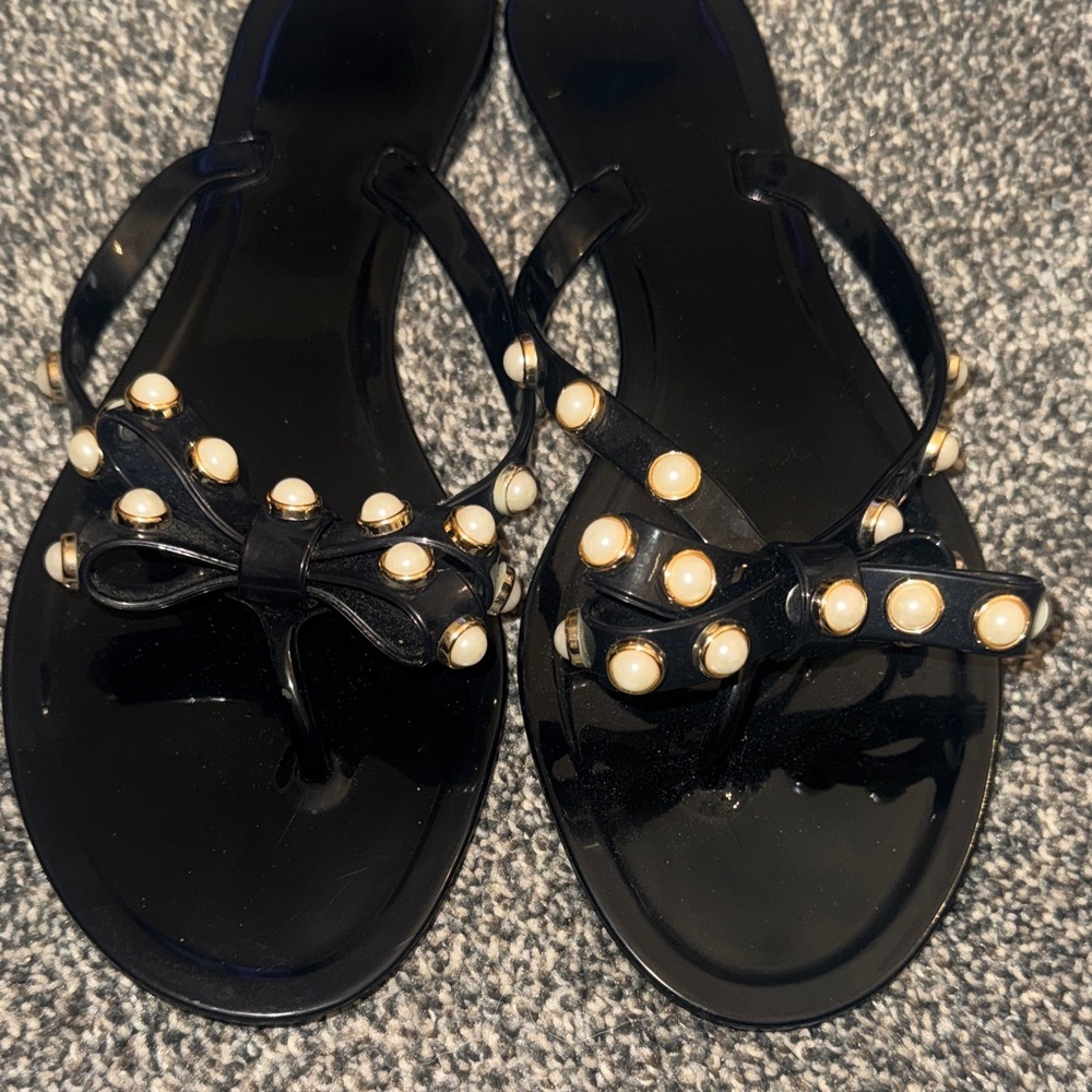 Black Pearl-Stud Bow Jelly Sandals - Women